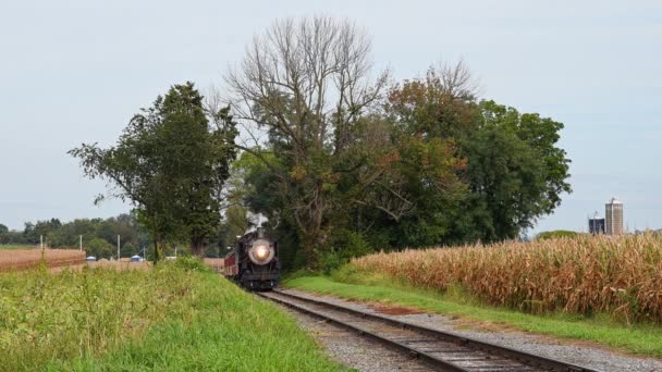 View Steam Passenger Train Approaching Slowly Single Track Rural America — Video