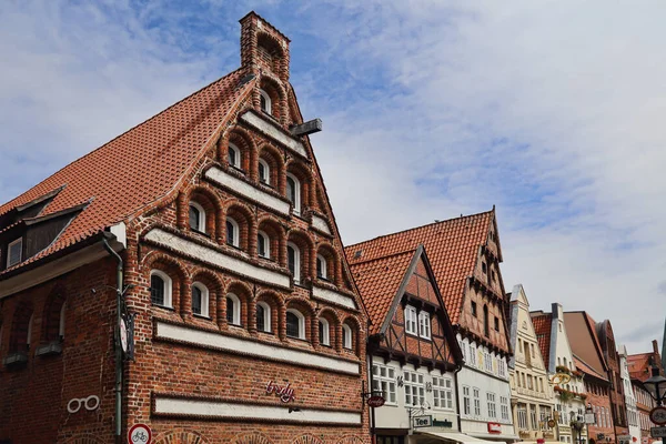 Luneburg Alemania Julio 2019 Gables Tradicionales Tiendas Una Calle Comercial — Foto de Stock