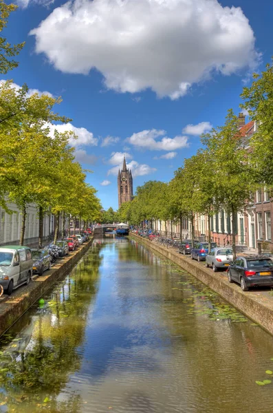 Canal Trees Distance Tower Old Church Historical Center Delft Holland — Stock Photo, Image