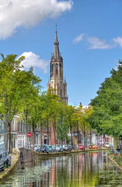 Tower Nieuwe Kerk Church Delft Holland Houses Trees Historical Center — Stock Photo, Image