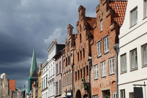 Gables Historical Houses Church Tower Rainclouds Lubeck Germany — Stock fotografie