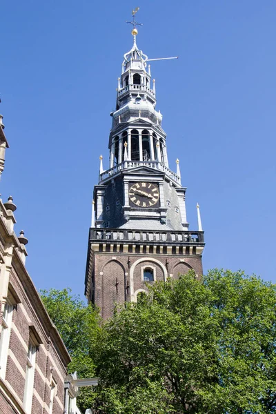 Turm Der Alten Kirche Oude Kerk Von Amsterdam Holland — Stockfoto