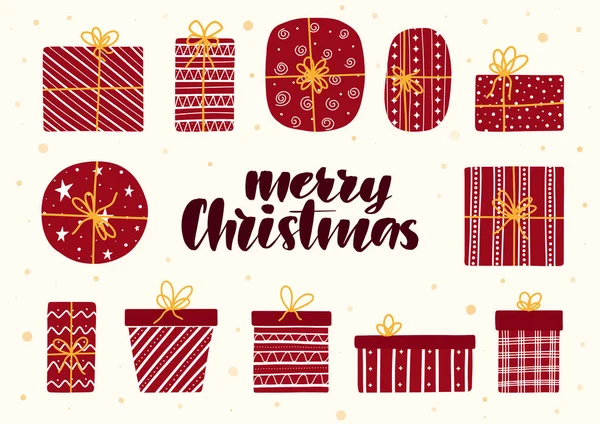 손으로 색 칠 한 크리스마스 선물 상자 세트. 손으로 낙서 선물을 그린 크리스마스와 새해 디자인 템플릿입니다. 메리 크리스마스 손 그림그리기 — 스톡 벡터