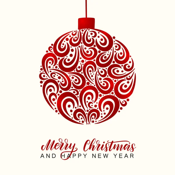 손으로 그린 글자로 장식 한 반짝이는 빨간 호일 크리스마스 공. 메리 크리스마스, 행복 한 새해 이야기 카드, 엽서, 소셜 미디어 게시물 템플릿. — 스톡 벡터