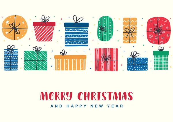메리 크리스마스, 새해 복 많이 받아. 손으로 그린 낙서 선물 상자 세트의 색, 모양, 프린트된 카드, 엽서, 포스터, 깃발. — 스톡 벡터