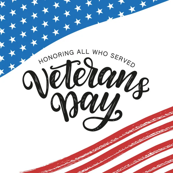 Poster tipografi hari veteran. Veteran Hari tangan sketsa huruf dihiasi oleh pita dan bendera american. Hari peringatan poster, banner, sosial media post template. - Stok Vektor