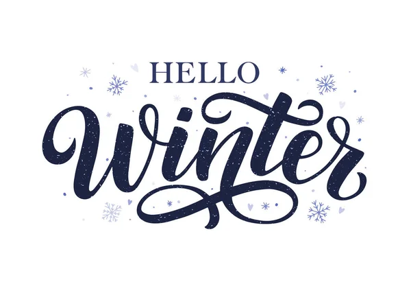 Hello winter hand sketched lettering quote decorated by snowflakes and hearts. Season greeting winter concept as template for card, postcard, poster, banner. — Stock Vector