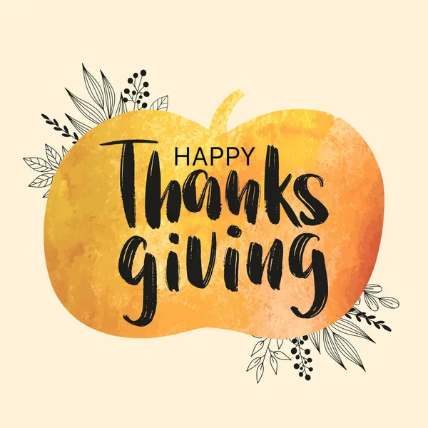 Grattis på thanksgiving-affischen. Orange akvarell pumpa bakgrund och handritad typografi som Thanksgiving kort, vykort, banner, affisch. — Stock vektor