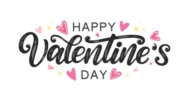 Happy Valentines day typography banner decorated by hand drawn doodle hearts. Saint Valentines day hand sketched lettering isolated on white.