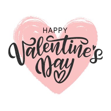 Happy Valentines Day hand-sketched typography on the brush texture pink heart background. Modern brush calligraphy as template for valentine card, poster, banner, decoration.