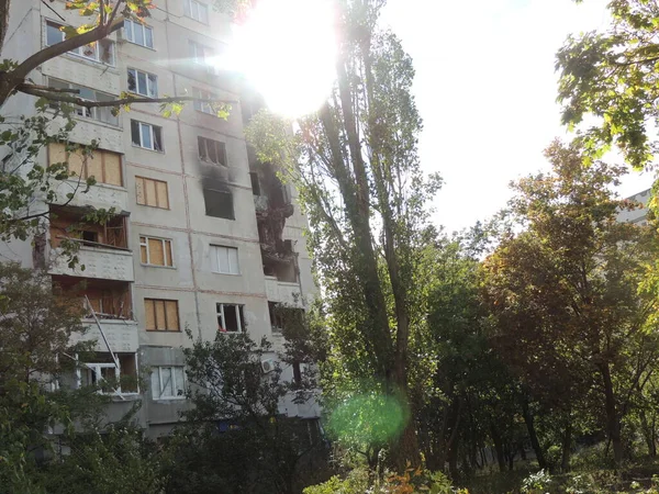 Distrito Ucraniano Cidade Kharkov Saltovka Que Sofreu Depois Descascar Guerra — Fotografia de Stock