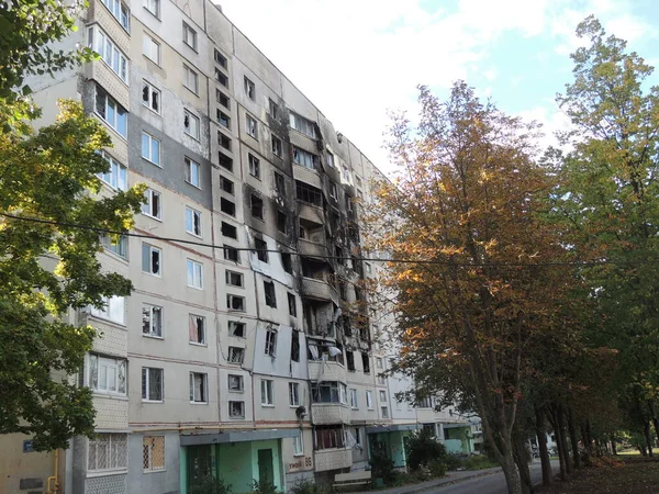 Distrito Ucraniano Cidade Kharkov Saltovka Que Sofreu Depois Descascar Guerra — Fotografia de Stock