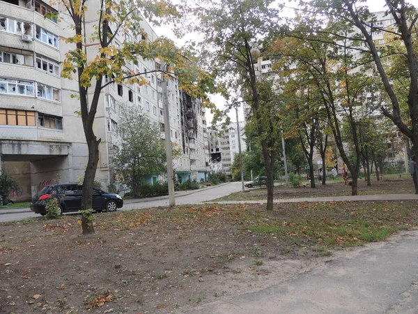 Distrito Ucraniano Cidade Kharkov Saltovka Que Sofreu Depois Descascar Guerra — Fotografia de Stock