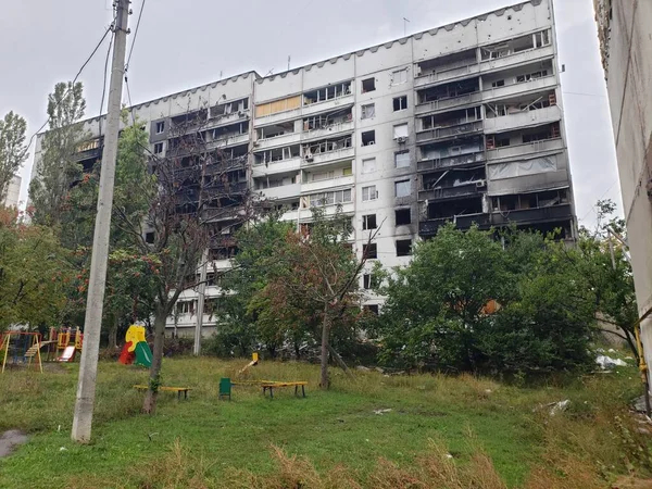 Distrito Ucraniano Cidade Kharkov Saltovka Que Sofreu Depois Descascar Guerra — Fotografia de Stock