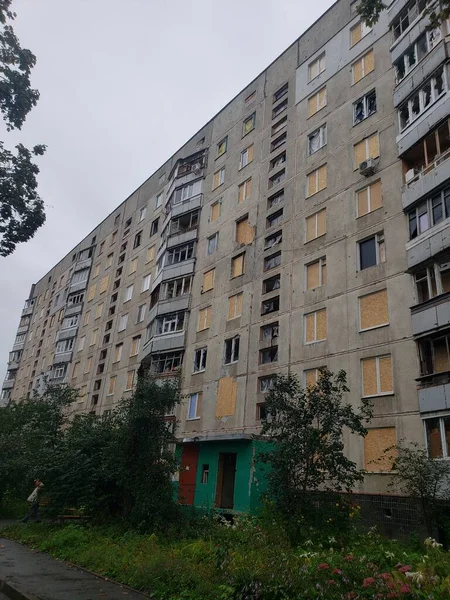 Distrito Ucraniano Cidade Kharkov Saltovka Que Sofreu Depois Descascar Guerra — Fotografia de Stock