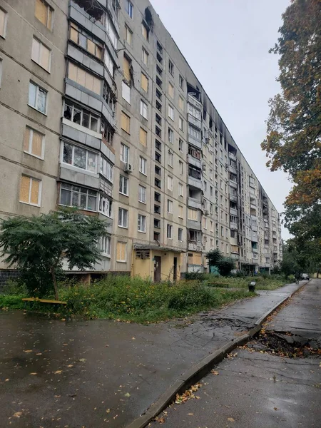 Distrito Ucraniano Cidade Kharkov Saltovka Que Sofreu Depois Descascar Guerra — Fotografia de Stock