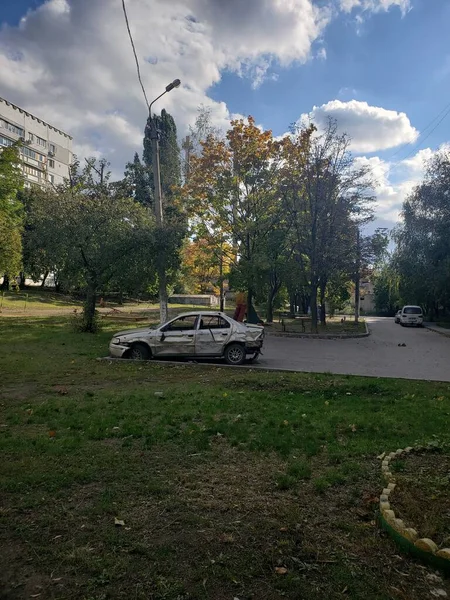 Distrito Ucraniano Cidade Kharkov Saltovka Que Sofreu Depois Descascar Guerra — Fotografia de Stock