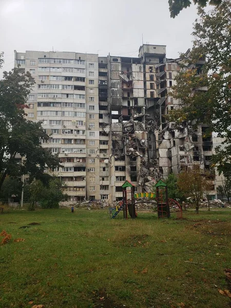 Krieg Der Ukraine Zerstörtes Charkow Befallene Häuser Ukraine Abgebrannte Häuser — Stockfoto