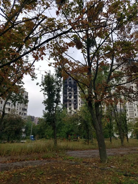 Válka Ukrajině Zničený Charkov Postižené Domy Ukrajina Spálené Domy Ukrajina — Stock fotografie