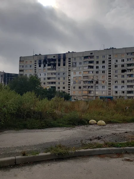 War in Ukraine, Destroyed Kharkov, Affected houses Ukraine, Burnt houses, Ukraine war, after shelling, empty area, after hostilities