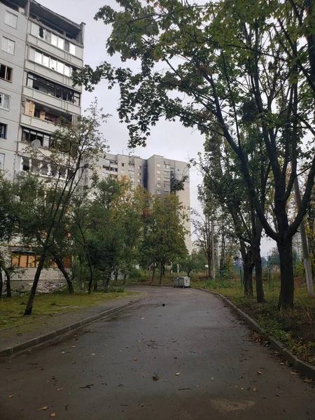 War in Ukraine, Destroyed Kharkov, Affected houses Ukraine, Burnt houses, Ukraine war, after shelling, empty area, after hostilities