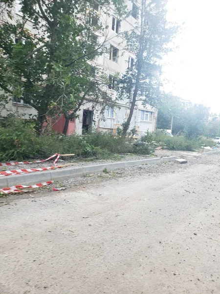 War in Ukraine, Destroyed Kharkov, Affected houses Ukraine, Burnt houses, Ukraine war, after shelling, empty area, after hostilities