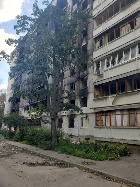 War Ukraine Destroyed Kharkov Affected Houses Ukraine Burnt Houses Ukraine — Stock Photo, Image