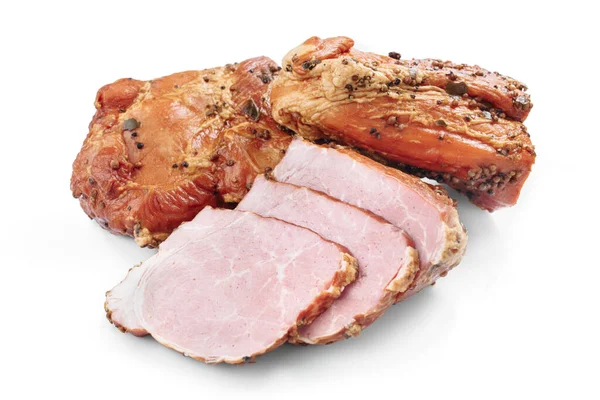 Slices of pork smoked meat isolated on white background. — Fotografia de Stock