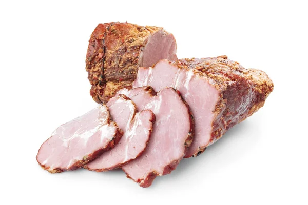 白地に隔離された豚肉の燻製肉のスライス. — ストック写真