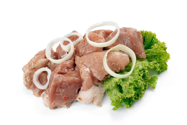 Sliced marinated raw pork meat for grill isolated on white background. — Foto de Stock