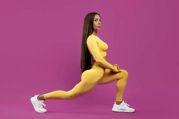 Beautiful Young Brunette Woman Stretching Exercise Purple Background Power Motivation — ストック写真