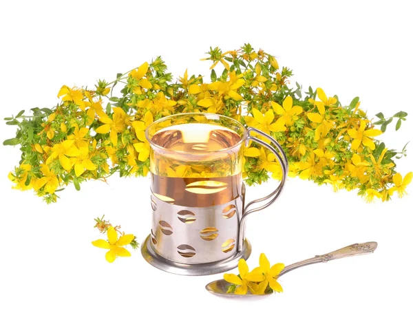 Une tasse de thé St. John's avec des fleurs fraîches — Photo