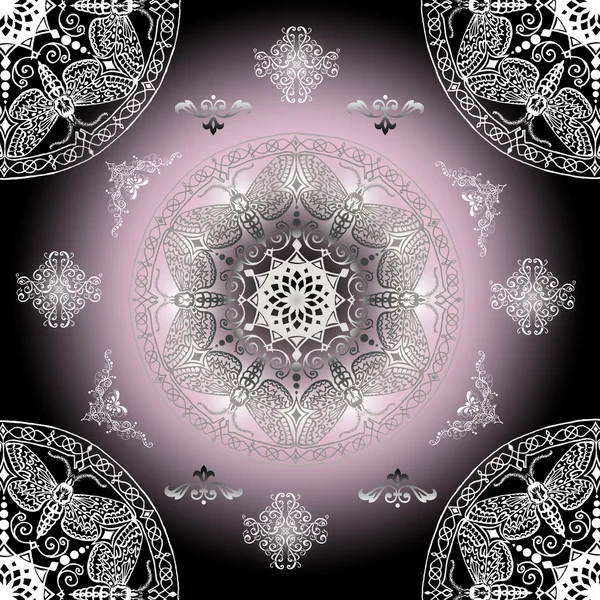 गोल व्हिंटेज फ्रेम सजावटीच्या अखंड काळा आणि पांढरा-गुलाबी नमुना — स्टॉक फोटो, इमेज