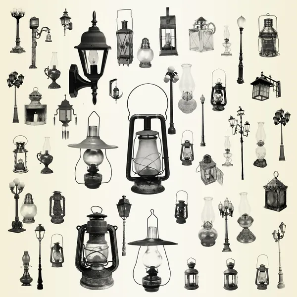 Illustration with street lamps, lanterns collection