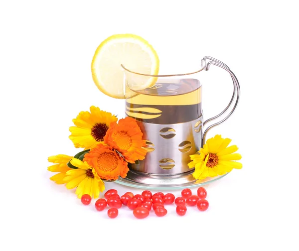 Tea cup with calendula flowers — Stock Photo, Image