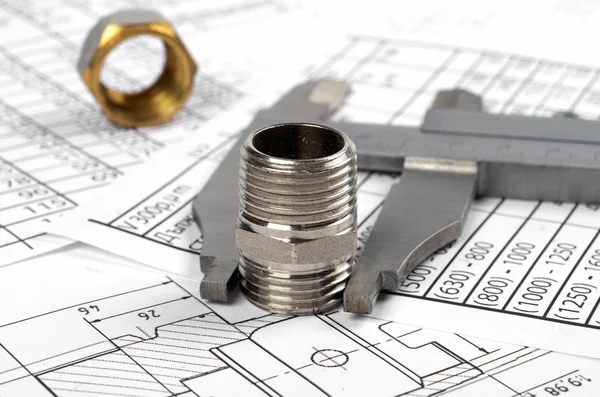 L calipers, Plumbing Fittings, Flanges, Nuts — Stock Photo, Image