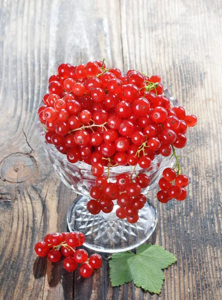 Ripe Red Currants Ribes Rubrum Glass Wooden Background — Foto Stock