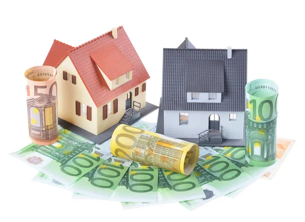 Miniature Model Houses Stacked Euro Banknotes Isolated White Background Real — 스톡 사진