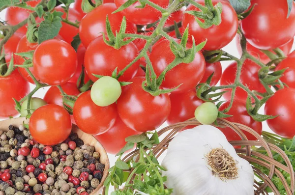 Ripe Cherry Tomatoes Peppercorns Garlic Basil Isolated White Background — Stockfoto