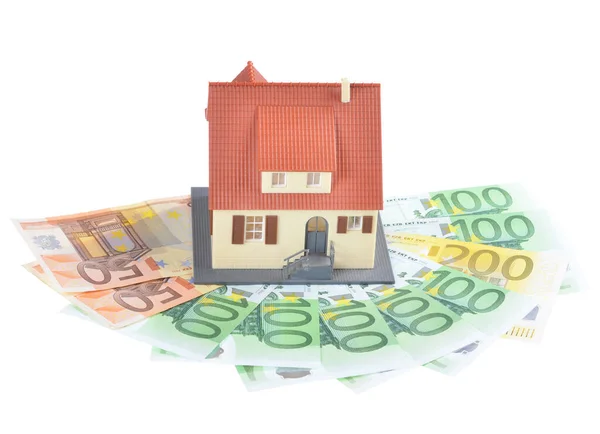 Miniature Model Houses Stacked Euro Banknotes Isolated White Background Real — 스톡 사진