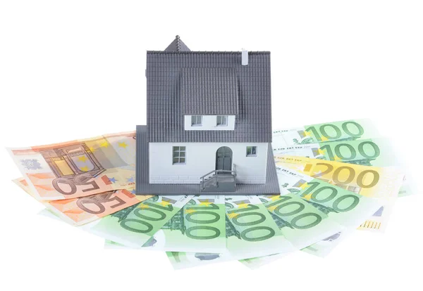 Miniature Model Houses Stacked Euro Banknotes Isolated White Background Real — 스톡 사진