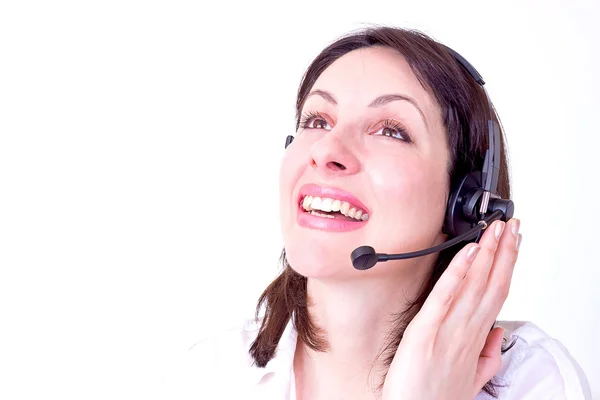 Vrouwelijke klantenservice operator met headset en glimlach — Stockfoto