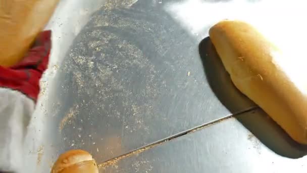 Packing Fresh Bread Transport Crates Bakery Worker Puts Fresh Bread — Stock Video