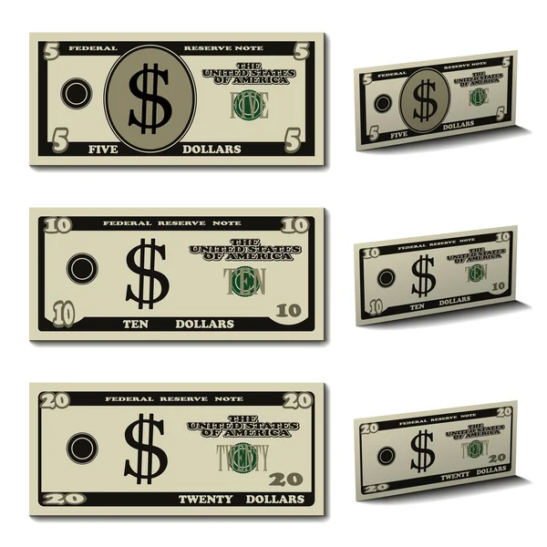 Five ten twenty dollar banknotes — Stock Vector