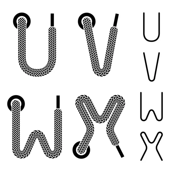 Alphabet dentelle de chaussure lettres U V W X — Image vectorielle