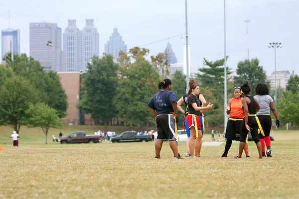 Female Flag Football Players Prep For Next Play — Stock Photo, Image