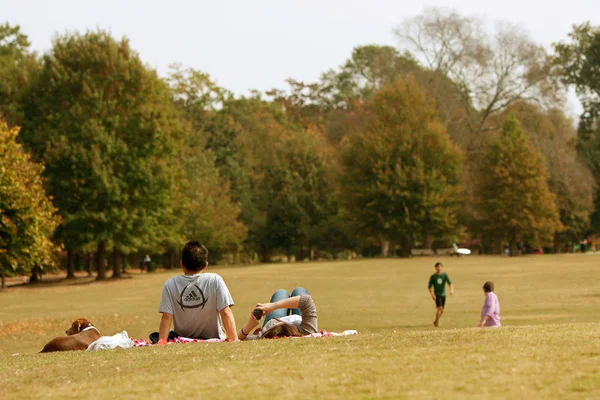 Młoda para relaks na koc w parku — Zdjęcie stockowe