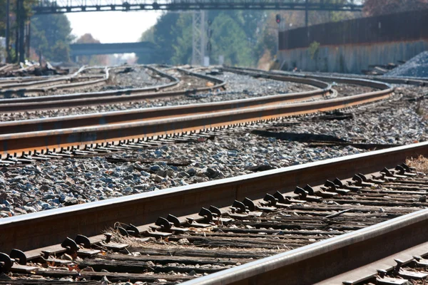 Múltiples vías de tren se encrespan en el horizonte — Foto de Stock