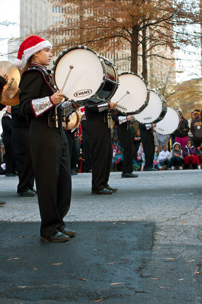 Marching Band Bass Drummers Perform In Atlanta Christmas Parade