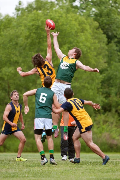 Men Jump For Ball In Amateur Australian Rules Football Game